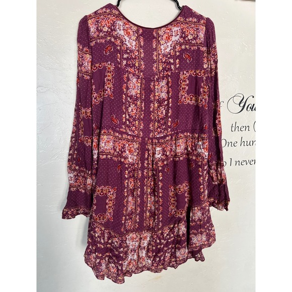 Free People Bridgette Purple Floral Print Long Sleeve Mini Dress Size L Bohemian - Picture 8 of 12